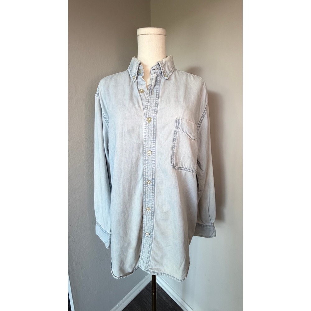 VTG St Johns Bay Light Wash Chambray Denim Shirt L Distressed Broken In Grunge